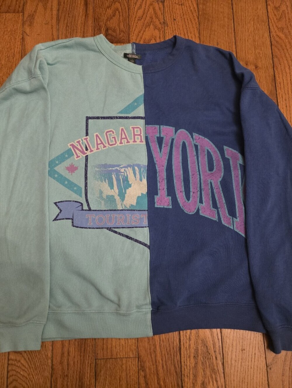 wild fable Two-Tone Mint Green and Navy Split Graphic Sweatshirt - Picture 1 of 5